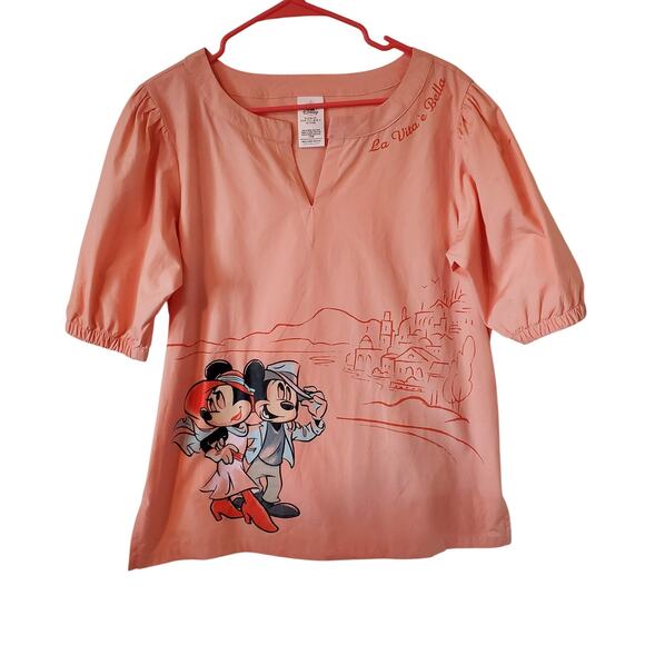 Disney Parks Epcot Italy Minnie Mickey Mouse Short Sleeve Top Large Peach Orange - Picture 1 of 3